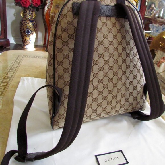 Authentic GUCCI Canvas& Leather Beige/Brown ebony GG print Backpack Large UNISEX - Picture 13 of 15